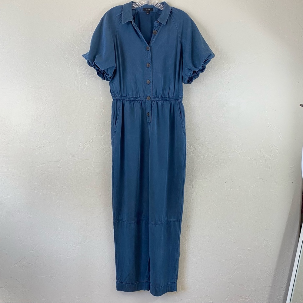 J. Crew 6 Navy Blue Button Down Puffy Short Sleeve Straight Leg Full Jumpsuit